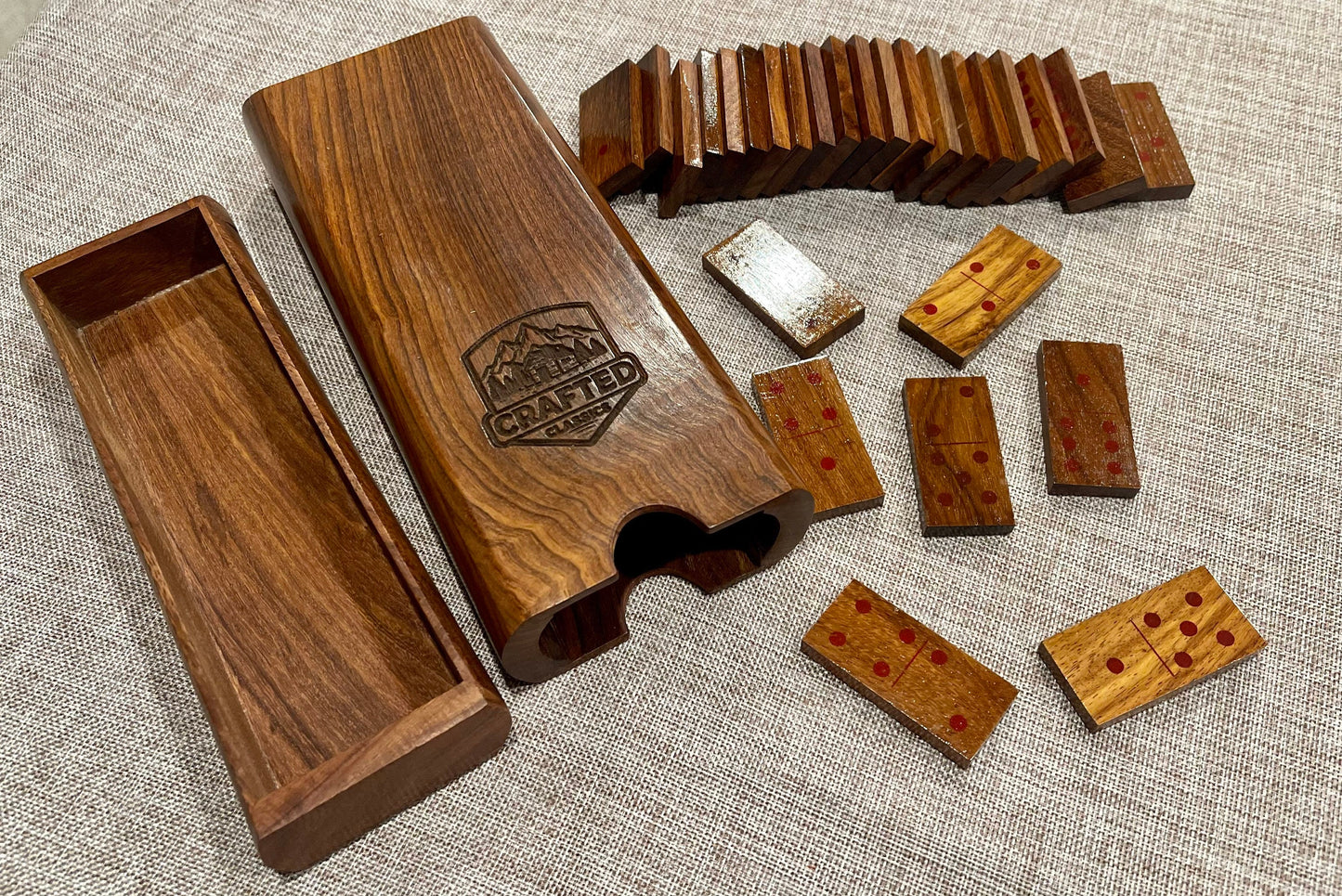Crafted Classics Handmade Wooden Domino Set 28 Tiles Double 6 Pits/Dots With Travel Case Dark Wood w/ Silver Dots Extra Set of 28 Red Tiles