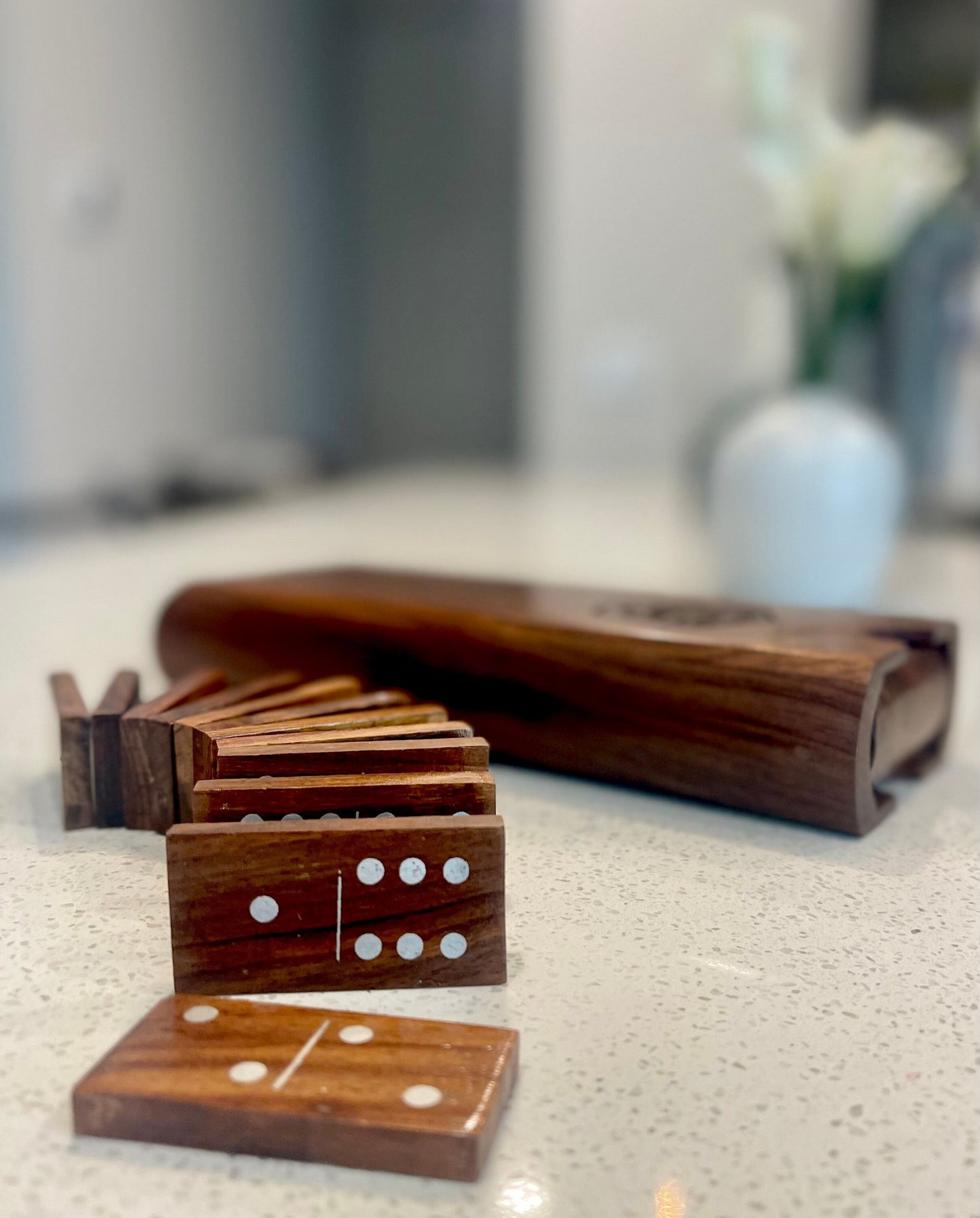 Crafted Classics Handmade Wooden Domino Set 28 Tiles Double 6 Pits/Dots With Travel Case Dark Wood w/ Silver Dots Extra Set of 28 Red Tiles