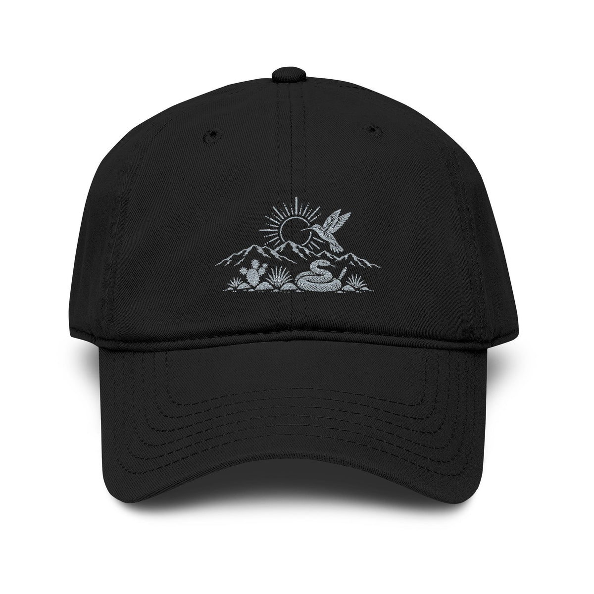 Hummingbird Desert Mountain Sunrise Black Garment Washed Baseball Cap Embroidery