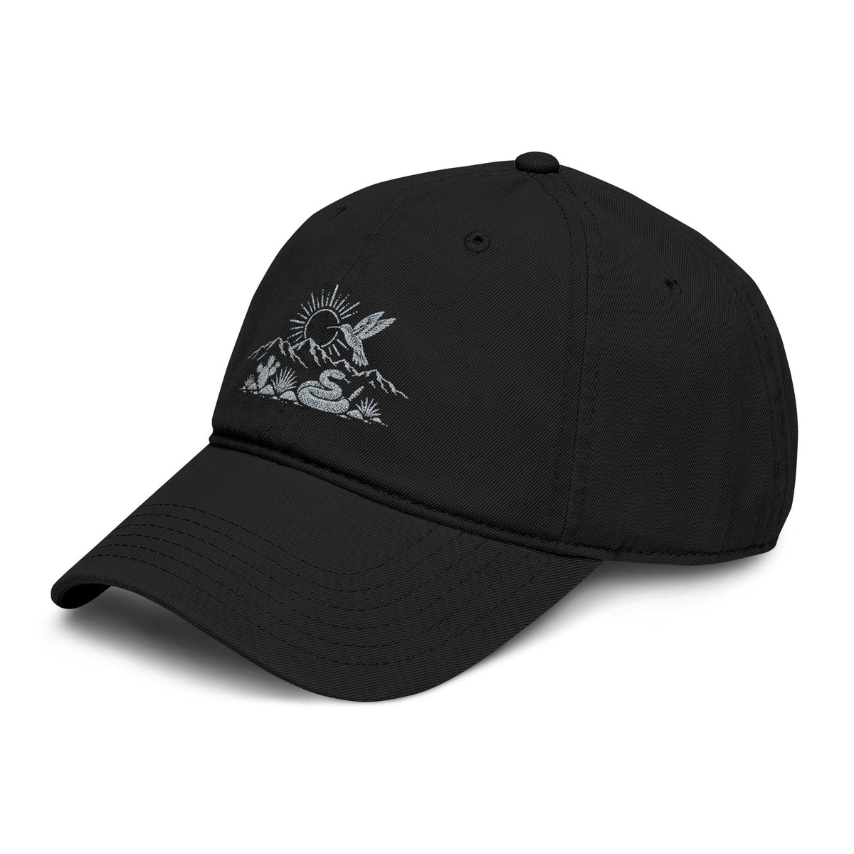 Hummingbird Desert Mountain Sunrise Black Garment Washed Baseball Cap Embroidery