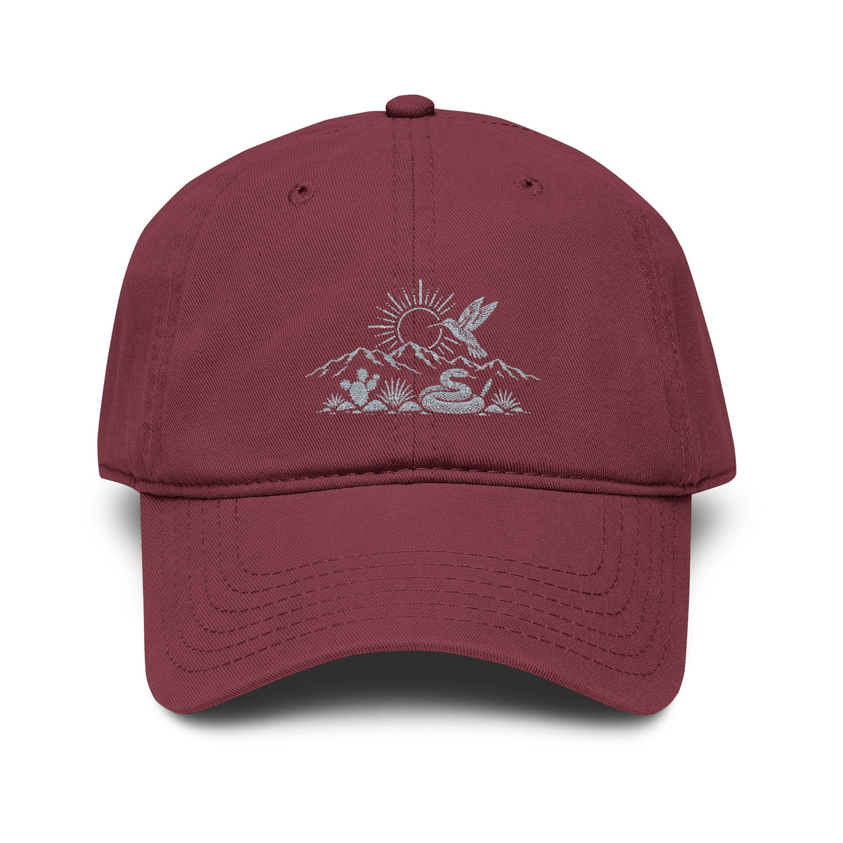 Hummingbird Desert Mountain Sunrise Black Garment Washed Baseball Cap Embroidery