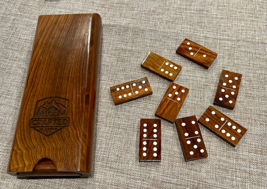 Crafted Classics Handmade Wooden Domino Set 28 Tiles Double 6 Pits/Dots With Travel Case Dark Wood w/ Silver Dots Extra Set of 28 Red Tiles