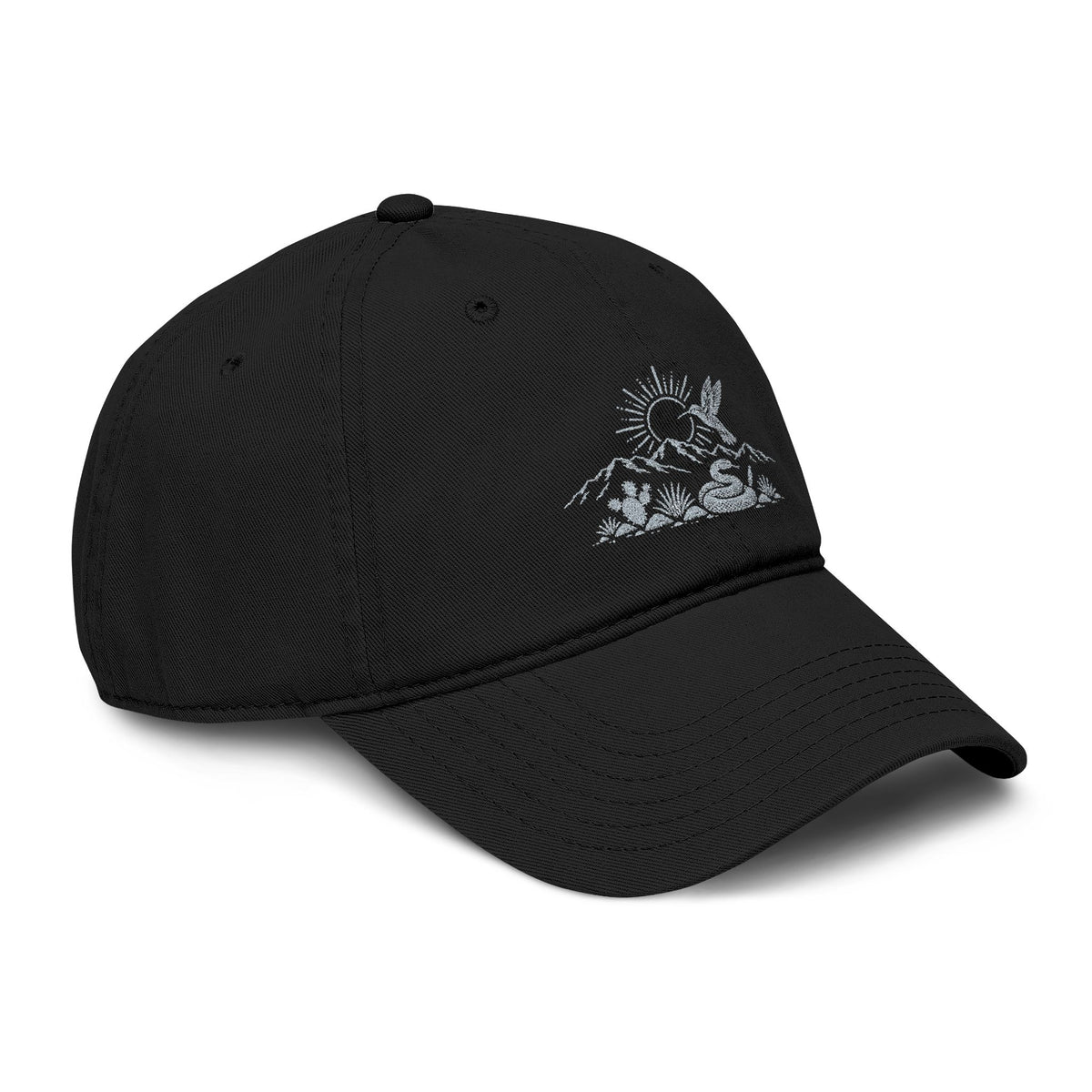 Hummingbird Desert Mountain Sunrise Black Garment Washed Baseball Cap Embroidery