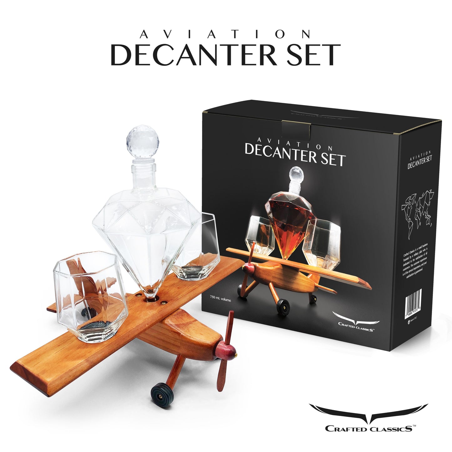 Crafted Classics Diamond Decanter Set with Aviation Glasses Stand, Whiskey, Bourbon, Wine, Scotch, Liquor Decanting Bundle Rustic Home Decor