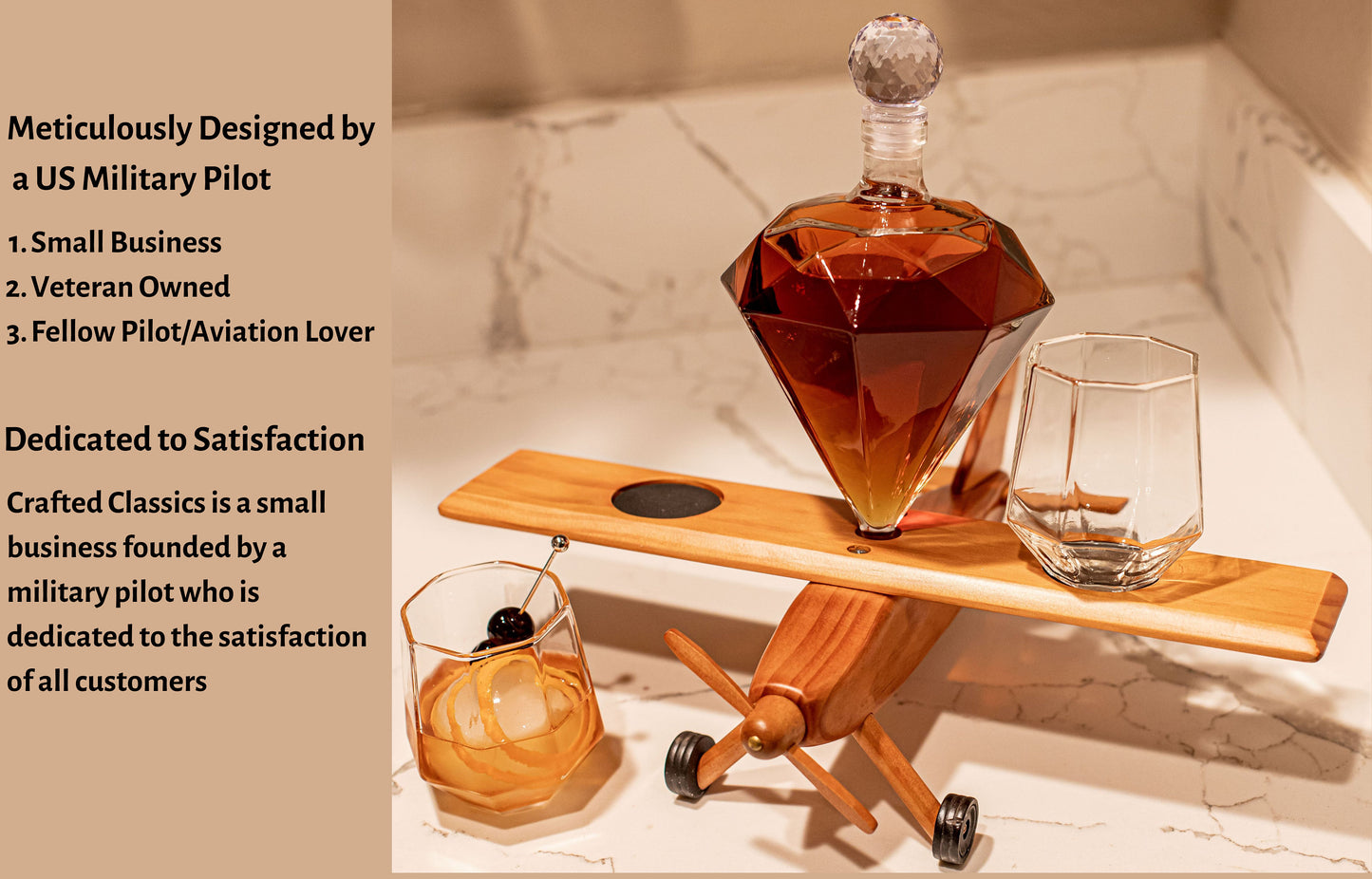 Crafted Classics Diamond Decanter Set with Aviation Glasses Stand, Whiskey, Bourbon, Wine, Scotch, Liquor Decanting Bundle Rustic Home Decor